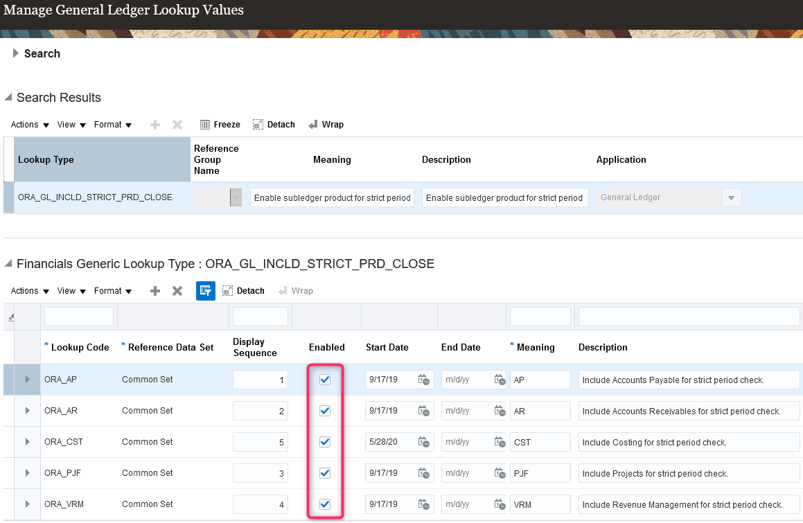 The selection of Manage General Ledger Lookup Values tasks